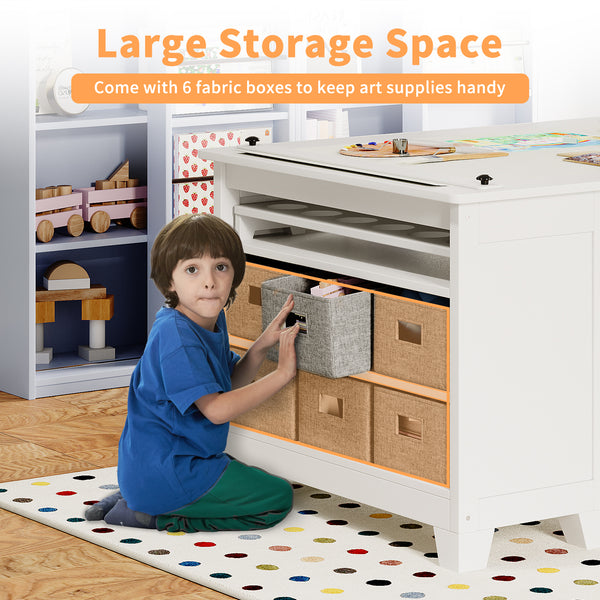 Kids Art Table and Chair Set, Kids Craft Table with Two Chairs, Storage Shelves, Canvas Bins, Wooden Children Study Desks, Kids Desk and Chair Set for Drawing and Painting