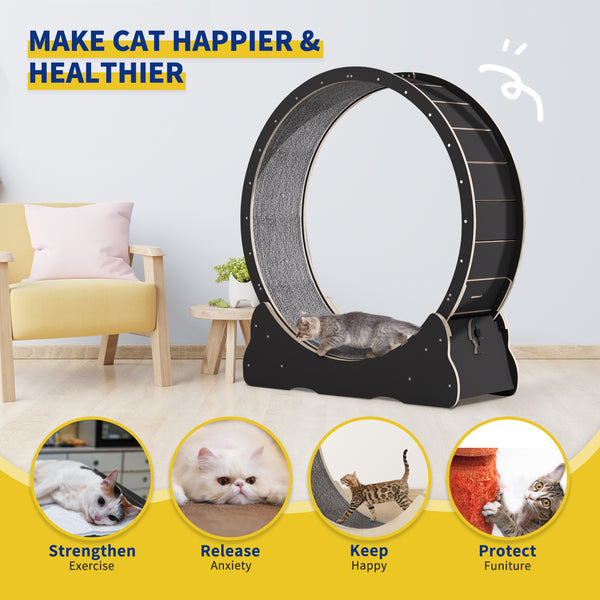 35.4'' Cat Exercise Wheel , with 2 Anti-Scratch Pads, Solid Wood Cat Wheel Exerciser for Indoor Cats for Walking, Running, Training
