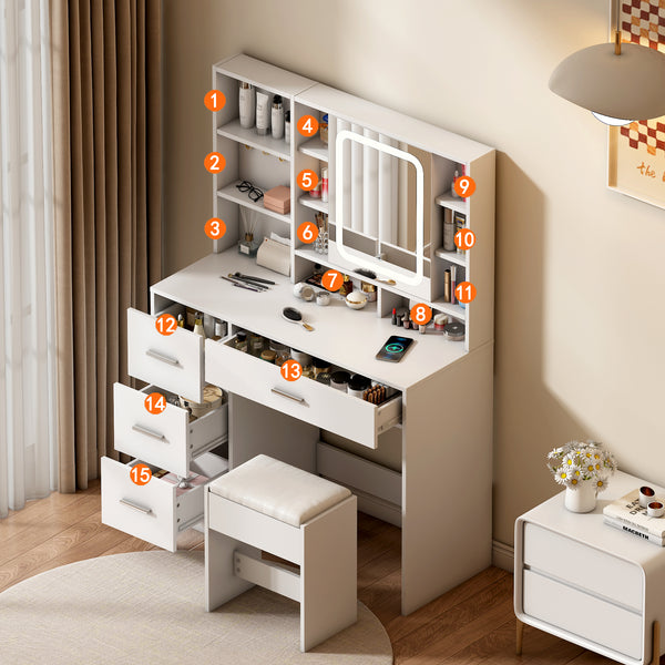 Makeup Vanity Desk with Lights and Mirror, 38.6" Modern White Vanity with 3 Drawers, 3 Color Lighting Mode, Bedroom Vanity Desk for Women, Girls