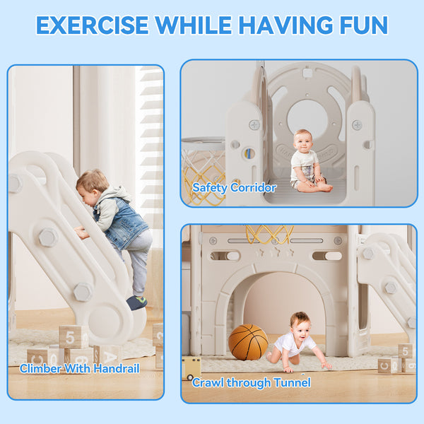 Toddler Slide, 8 in 1 Toddler Indoor Outdoor Playset with Slide, Climber, Basketball Hoop and Ball, Tunnel Crawl, Telescope and Storage Space, Kids Playground Sets for Backyards & Indoor