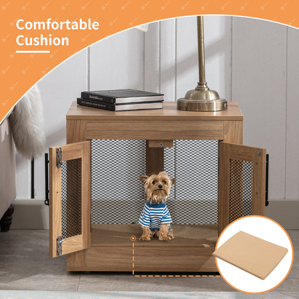 Wooden Dog Crate Furniture with Cushioned Tray and Double Doors - Stylish End Table for Small Dogs and Cats