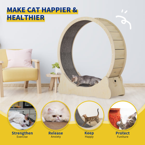 35.4'' Cat Exercise Wheel , with 2 Anti-Scratch Pads, Solid Wood Cat Wheel Exerciser for Indoor Cats for Walking, Running, Training