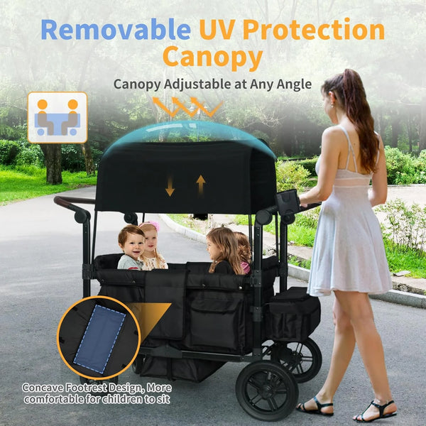 Wagon Stroller for 4 Kids, Linor Stroller Wagon 4 Seater Featuring 4 High Seat with Footwell, 5-Point Harnesses and Adjustable Canopy, Foldable Double Push Bar Baby Wagon for Camping