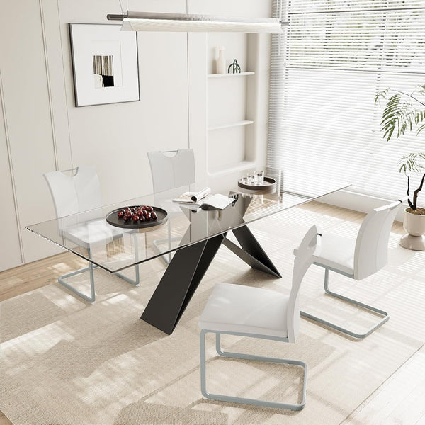 Akaber Modern Dining Chairs Set of 6, Faux Leather Upholstered Dining Room Side Chair with High Back, Metal Legs and Portable Handle, Armless Kitchen Chairs Set, White