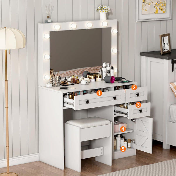 35.4" Makeup Vanity Desk with Mirror and Light,Glass Tabletop Farmhouse White Vanity with Power Outlet & 3 Drawers, 3 Color Lighting Mode, Bedroom Vanity Desk for Girl, Women