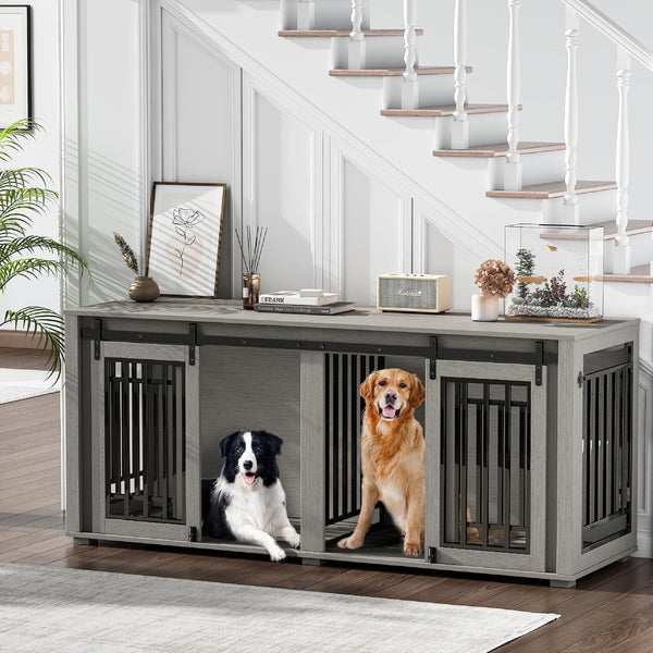 Akaber Large Dog Crate Furniture for 2 Dogs, Upgrade 71" Pro XXL Sliding Door Heavy Duty Dog Kennel Furniture with Divider, Steel Frame Indoor Double Dog Crate for Large Medium Small Dogs, Light Grey