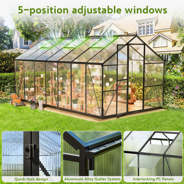 8 x 14Ft Large Outdoor Greenhouse with 2 Vent Window, Aluminum Frame, Sliding Door