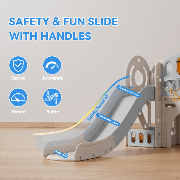 Toddler Slide, 8 in 1 Toddler Indoor Outdoor Playset with Slide, Climber, Basketball Hoop and Ball, Tunnel Crawl, Telescope and Storage Space, Kids Playground Sets for Backyards & Indoor