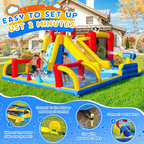 Akaber Inflatable Water Slide for Kids, Summer 8-in-1 Giant Water Park with Bounce House, Basketball Hoop, Soccer Zone, Climbing Wall, Pool & Slide, Blow Up in 2 Mins for Backyard Outdoor Fun