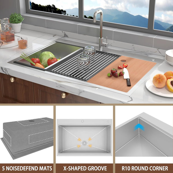 33 x 22 Inch Drop in Kitchen Sink, Pipleo 16 Gauge Stainless Steel Kitchen Sinks, 9 inch Deep Single Bow Kitchen Sink with Cutting Board, Colander, Roll-Up Rack, Workstation Sink for Kitchen