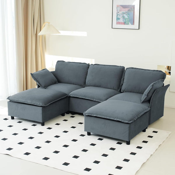 Akaber 100" U-Shaped Cloud Sectional Sofa, Modular Velvet Convertible Sofa Bed with Storage,Plush Living Room Couch (Grey)