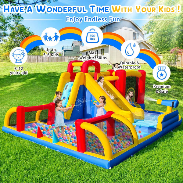 Akaber Inflatable Water Slide for Kids, Summer 8-in-1 Giant Water Park with Bounce House, Basketball Hoop, Soccer Zone, Climbing Wall, Pool & Slide, Blow Up in 2 Mins for Backyard Outdoor Fun