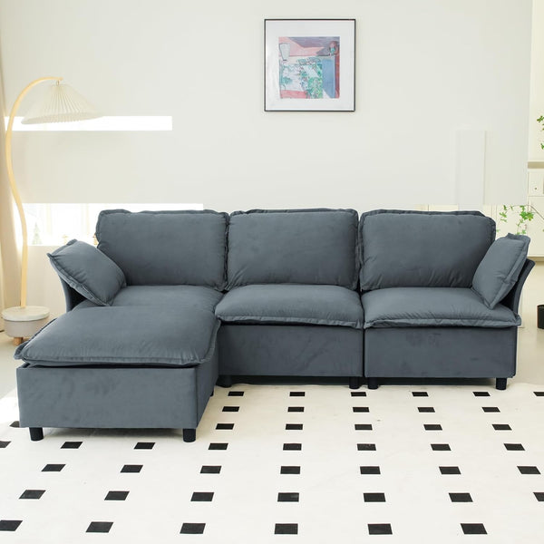Akaber 100" L-Shaped Cloud Sectional Sofa, Modular Velvet Convertible Sofa Bed with Storage,Plush Living Room Couch (Grey)