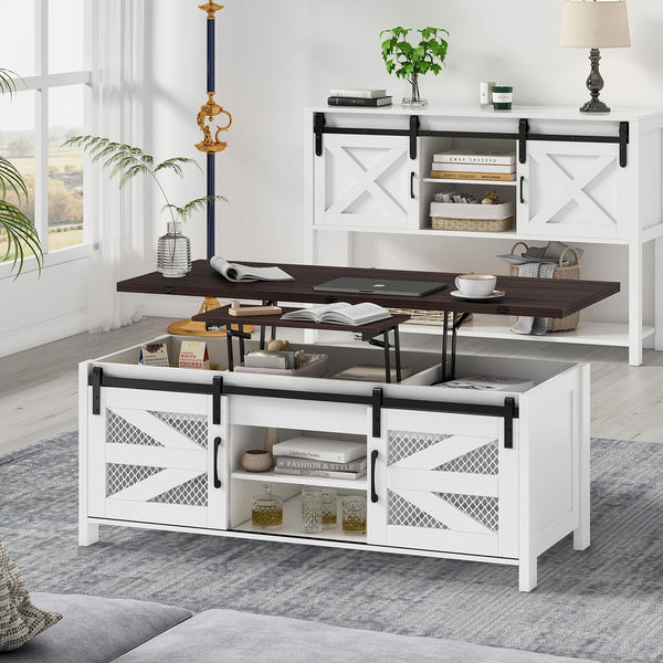 47.2" Lift Top Coffee Table, 4 in 1 Farmhouse Coffee Table with Sliding Barn Door, Coffee Tables for Living Room, Dining Room