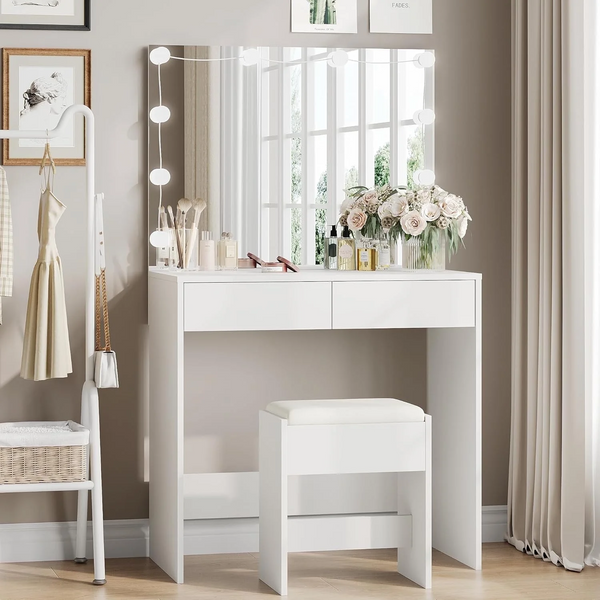 31.5" Vanity Desk with Mirror and Lights, White Makeup Vanity Desk with Lights, Easily Assembled 3 Color Lighting Mode Makeup Vanity for Women