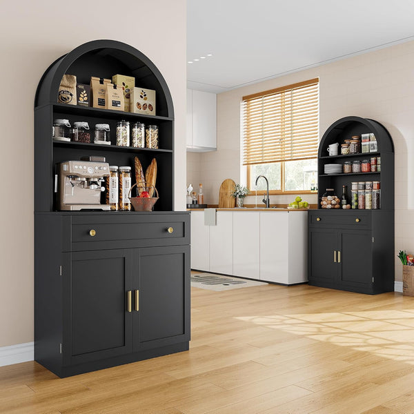 Akaber US 71" Tall Arched Kitchen Pantry Cabinet, Modern Kitchen Storage Cabinets with Hidden Drawer and Spacious Countertop, Wooden Storage Pantry Cabinet for Living Room, Dining Room, Black
