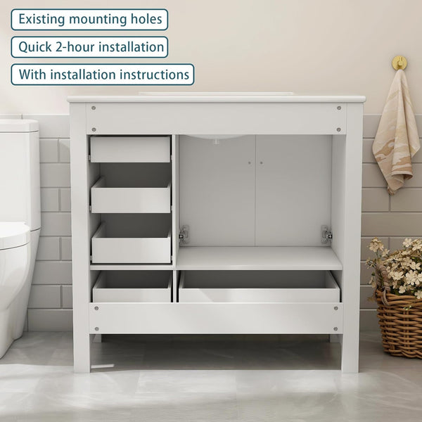 36" Bathroom Vanity with Sink and Faucet, Ceramic Countertop, Ceramic Sink, Mirror, Pop up Drain, Drain Pipe, 9/16'' Hot and Cold Pipes, Soft-Close Doors, and 5 Drawers