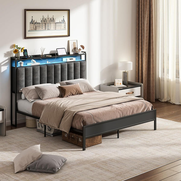 Akaber Queen Size Headboard only, Upholstered Headboard for Bed with Hidden Storage and Charging Station, LED Lights, Adjustable, Easy Assembly, Black (Queen (U.S. Standard))