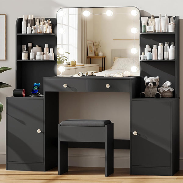 53" Black Vanity Set with Mirror and Lights, Akaber Makeup Vanity Desk with Chair and Charging Station for Bedroom