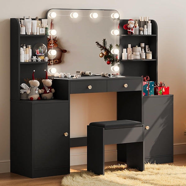 53" Black Vanity Set with Mirror and Lights, Akaber Makeup Vanity Desk with Chair and Charging Station for Bedroom