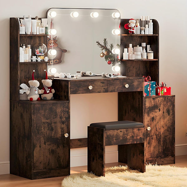 53" Brown Vanity Set with Mirror and Lights, Akaber Makeup Vanity Desk with Chair and Charging Station for Bedroom
