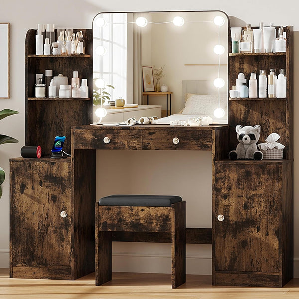53" Brown Vanity Set with Mirror and Lights, Akaber Makeup Vanity Desk with Chair and Charging Station for Bedroom