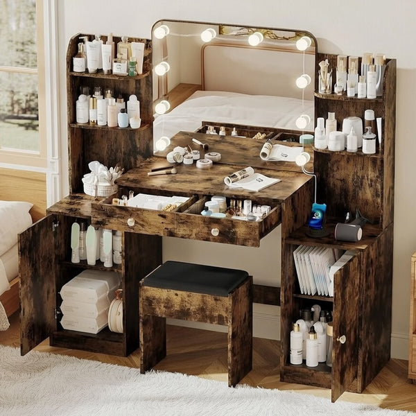 53" Makeup Vanity Set with Mirror and Lights, NEORIVER Big Brown Makeup Vanity Desk with Chair and Power Outlet, 3 Color Lighting Modes & Adjustable Brightness for Bedroom
