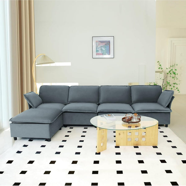 Akaber 130" L-Shaped Cloud Sectional Sofa, Modular Velvet Convertible Sofa Bed with Storage,Plush Living Room Couch (Grey)