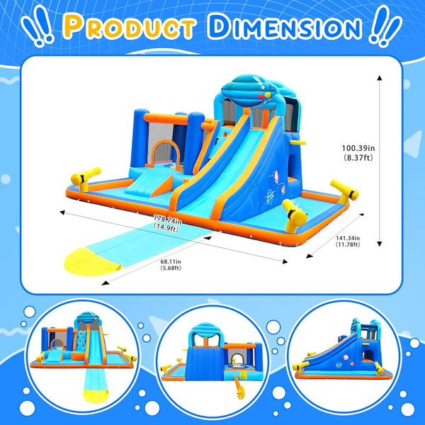 Akaber 10-in-1 Giant Inflatable Water Slide Park for Kids, 2 Min Blow Up Backyard Water Park with Large Slide, Pool, Tunnel, Bounce House, Basketball Hoop, Climbing Wall & Air Blower