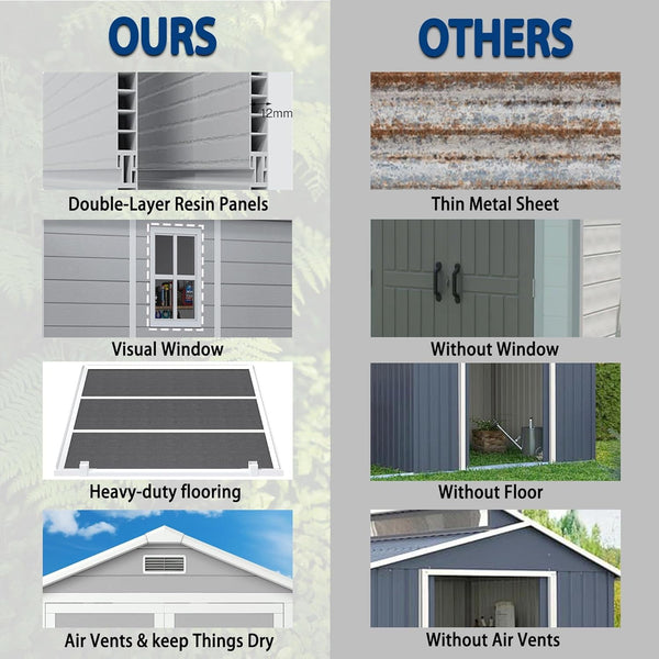 9 x 5.8 FT Outdoor Storage Shed, Linor Resin Shed with Floor, Window, and Vents, Weather-Resistant Garden Shed for Garden Tool Outside Sheds, Bike Shed, Backyard Shed