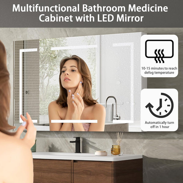 Medicine Cabinet with LED Mirror for Bathroom, 24''x40'' Aluminum, Wall Mounted Surface led Medicine Cabinet, Defog, Stepless Dimming, 3 Color Change, 2 Outlets, 2USB