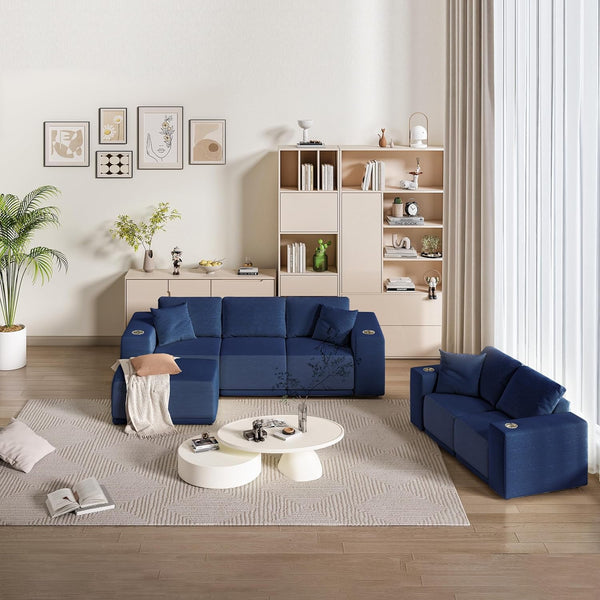 Akaber 101" Modular Sectional Sofa with L-Shape Chaise, 3-Seater Comfy Cloud Couch with Movable Ottoman, Deep Seat Couches for Living Room with Throw Pillows, Lake Blue