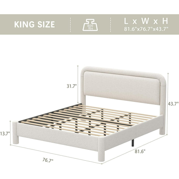 Akaber King Bed Frame, Upholstered Bed Frame with Rounded Corners, Boucle Soft Cloud Bed Frame in Modern Style, Noise-Free Structure, Easy Assembly, Cream