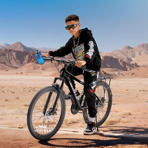 24 Inch Kids Mountain Bike for Boys and Girls 6+, 21-Speed All-Terrain Bicycle with Suspension Fork, Dual Disc Brakes, Rear Rack & Internal Cable Routing