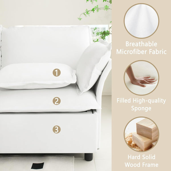 Akaber 130" U-Shaped Cloud Sectional Sofa, Modular Velvet Convertible Sofa Bed with Storage, Plush Living Room Couch(White)