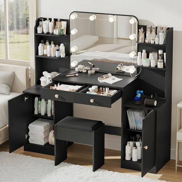 53" Makeup Vanity Set with Mirror and Lights, NEORIVER Big Brown Makeup Vanity Desk with Chair and Power Outlet, 3 Color Lighting Modes & Adjustable Brightness for Bedroom
