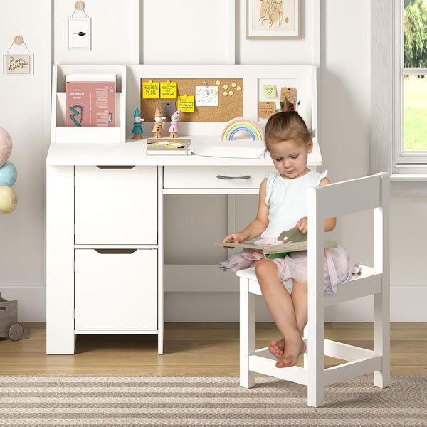 White Kids Study Desk with Chair, Wooden Kids Study Desk and Chair Set, Study Table for Boys and Girls, Kids Computer with Storage Drawers, Bookshelf and Bullentin Board