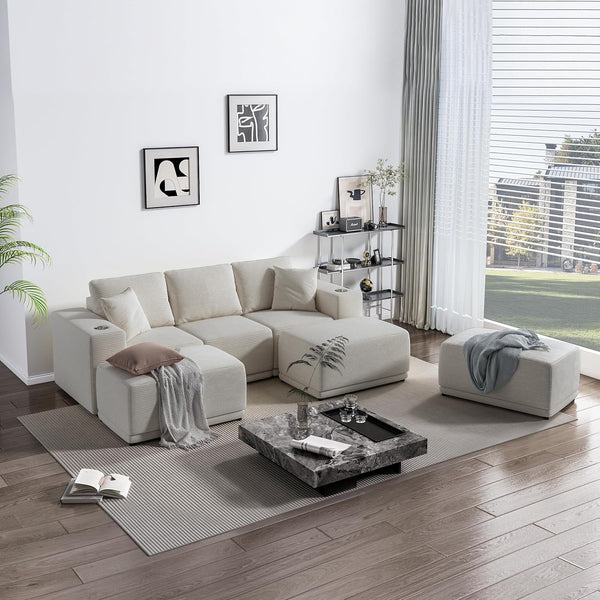Akaber 101" Modular Sectional Sofa with U-Shape Chaise, 3-Seater Comfy Cloud Couch with Movable Ottoman, Deep Seat Couches for Living Room with Throw Pillows, Beige Grey