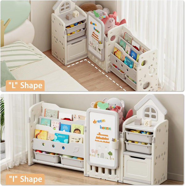 Kids Toy Storage Organizer with 10 Removable Bins, Foldable Toy Organizers and Storage with 3-Tier Bookshelf for Kids Toy Storage Organizer with Drawing Board