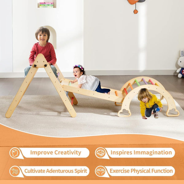 5 in 1 Pikler Triangle Set, Wooden Montessori Climbing Set with Ladder, Ramp, Arch, Rocker and Slide, Climbing Toys for Toddlers 1-3 Inside, Foldable Pikler Triangle