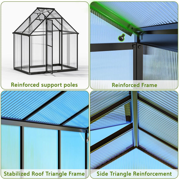 6x4 FT Greenhouse for Outdoors, NEORIVER Quick Assembly Polycarbonate Green House with UV Protection, Heavy-Duty Windproof Aluminum Frame, Adjustable Roof Vent – for Backyard, Garden or Patio