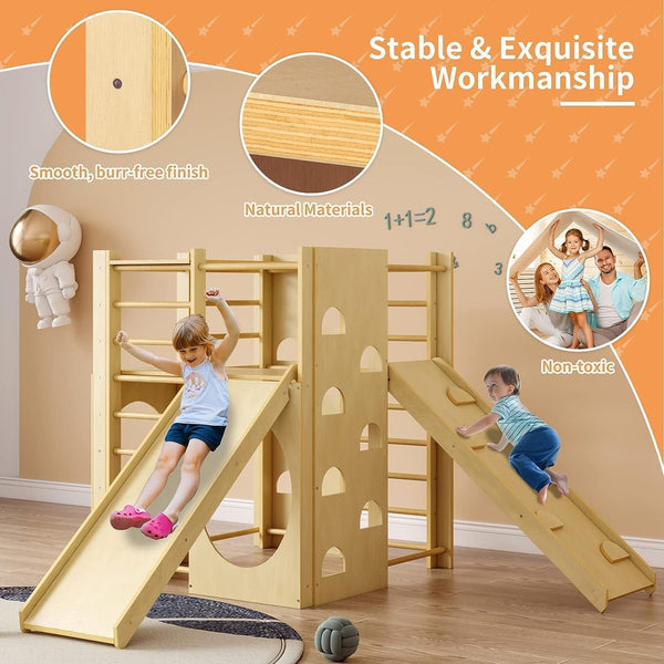10 in 1 Jungle Gym, Indoor playground for Kids 1-3, Wooden Indoor Play Gym with Climbing Arch, Ladder, Slide, Ramp, Monkey Bars, Montessori Climbing Set Play Gym
