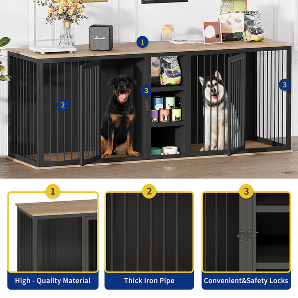 Large Dog Crate Furniture for 2 Dogs, 79.5'' Indoor Dog Kennel with Adjustable Shelves, All Steel Frame Heavy Duty Dog Crate with Wood Top, Double Dog Cage for Small Medium Large Dogs