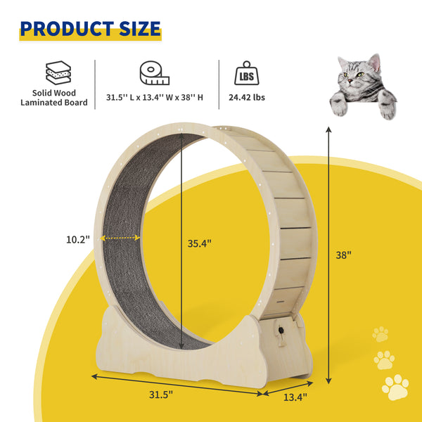35.4'' Cat Exercise Wheel , with 2 Anti-Scratch Pads, Solid Wood Cat Wheel Exerciser for Indoor Cats for Walking, Running, Training