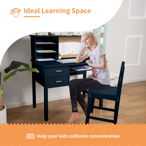 linor Kids Desk and Chair Set, Wooden Children Study Table with Hutch/Drawer & Bulletin Board, Student Study Desks Computer Desk Art Desk for Bedroom Study Room