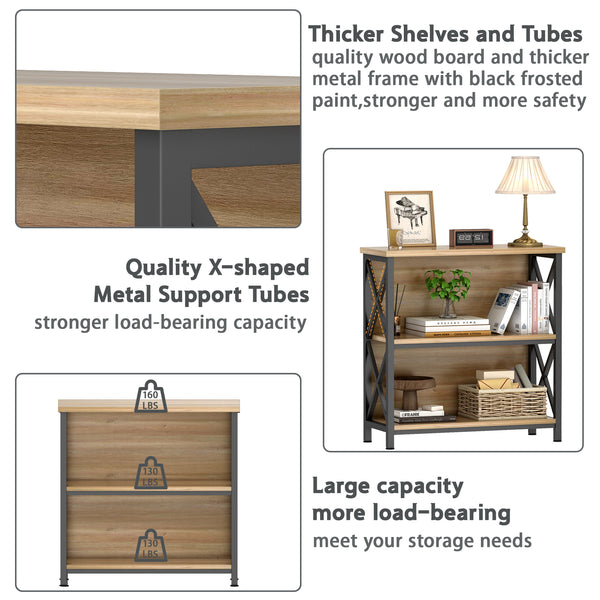 3-Tier Bookshelf, Farmhouse Small Bookshelf with X-Style Frame,FreeStanding Storage Bookcase for Entryway Living Room Home Office