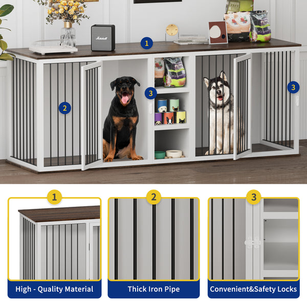 Large Dog Crate Furniture for 2 Dogs, 79.5'' Indoor Dog Kennel with Adjustable Shelves, All Steel Frame Heavy Duty Dog Crate with Wood Top, Double Dog Cage for Small Medium Large Dogs