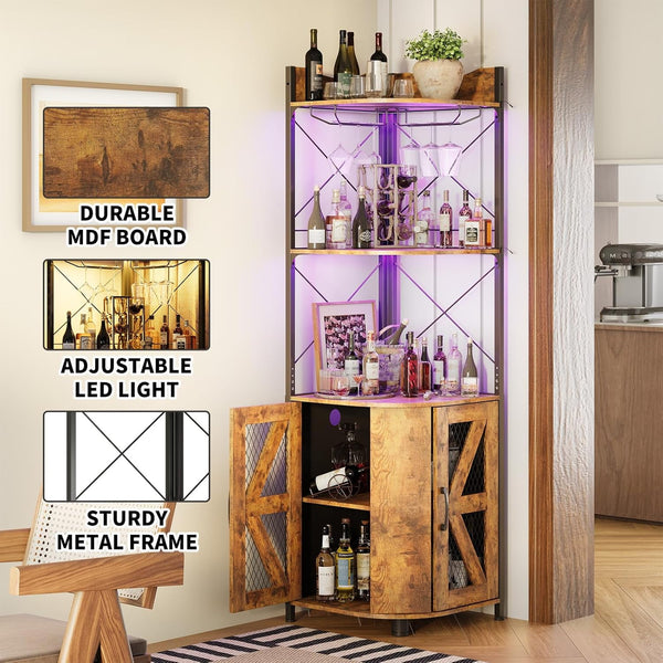 Corner Bar Cabinet with RGB LED Lights and Power Outlet, 63 Inch, 5-Tier Industrial Corner Wine Cabinet with Glass Holder, Corner Liquor Cabinet for Home, Coffee Bar Cabinet