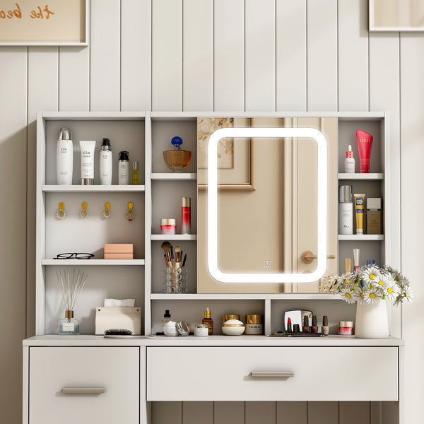 Makeup Vanity Desk with Lights and Mirror, 38.6" Modern White Vanity with 3 Drawers, 3 Color Lighting Mode, Bedroom Vanity Desk for Women, Girls