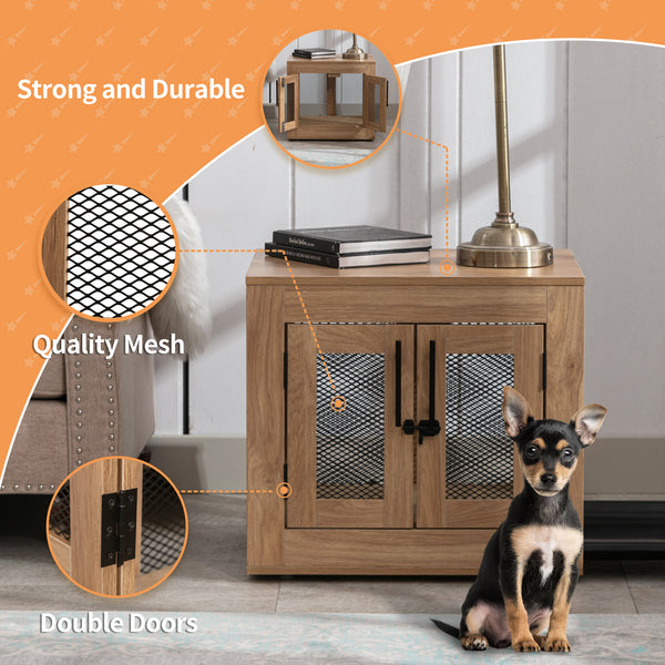 Wooden Dog Crate Furniture with Cushioned Tray and Double Doors - Stylish End Table for Small Dogs and Cats